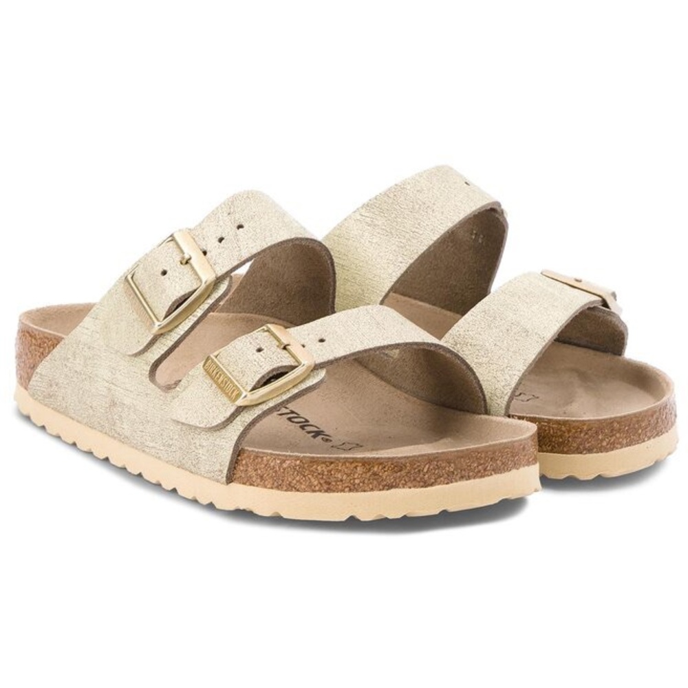 Birkenstock Arizona Washed Metallic Cream Gold Leather Sandals | 37